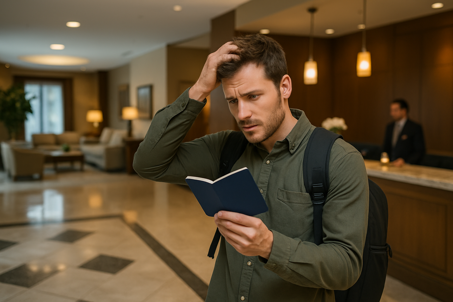 تصویر مرد جوانی در لابی هتل که با نگرانی به گذرنامه خود نگاه می‌کند، نشانه‌ای از گم شدن پاسپورت در سفر.