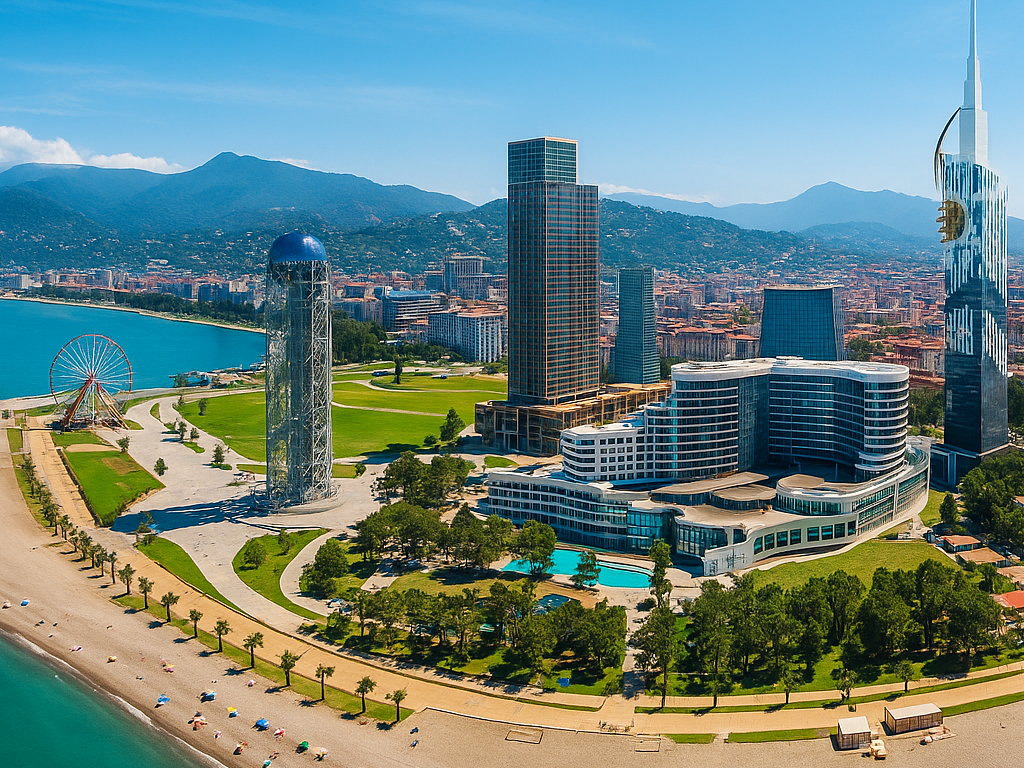 نمای هوایی زیبا از ساحل و آسمان‌خراش‌های مدرن باتومی در راهنمای سفر به باتومی
