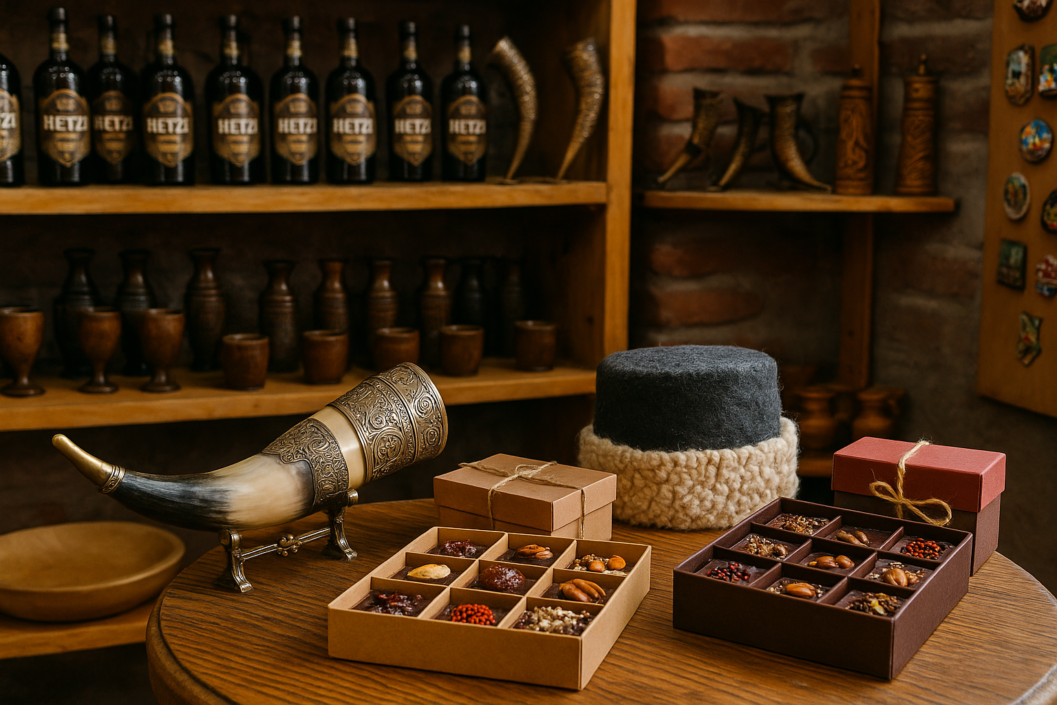 راهنمای سفر به باتومی | نگینی ساحلی در گرجستان 29 نمایش سنتی از سوغات محلی در راهنمای سفر به باتومی شامل کانتاسی، پاپاک و شکلاتهای دستساز