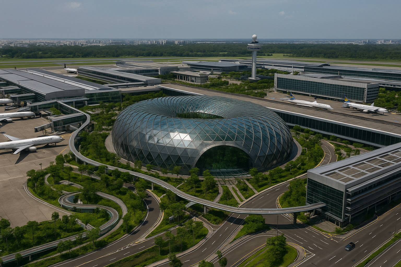 تصویر هوایی از فرودگاه شگفت‌انگیز دنیا در سنگاپور با گنبد شیشه‌ای معروف