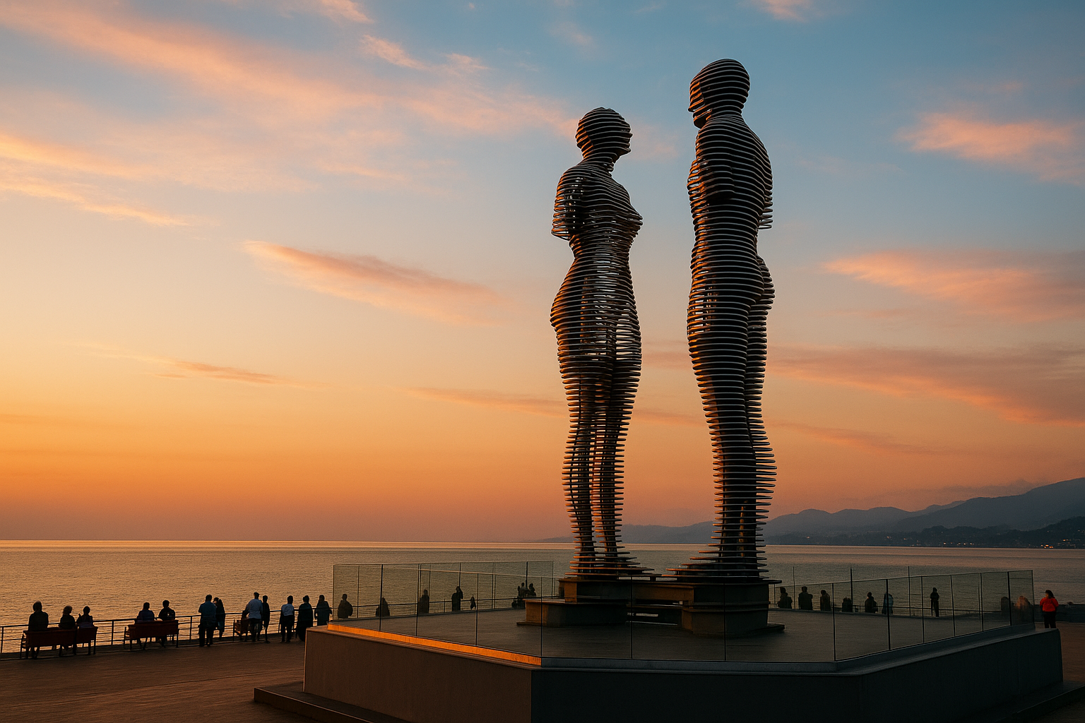 راهنمای سفر به باتومی | نگینی ساحلی در گرجستان 23 نمایی از مجسمه علی و نینو در غروب عاشقانه باتومی