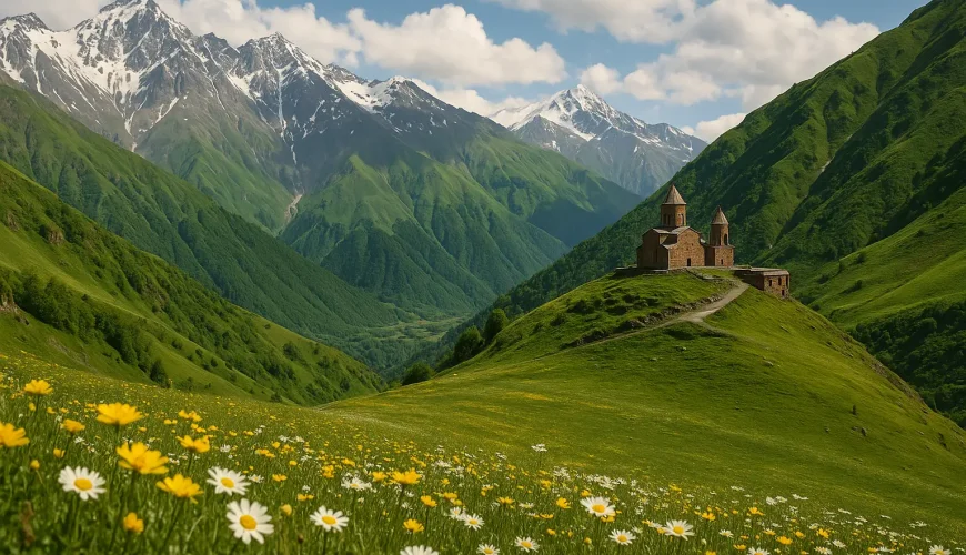 صومعه‌ای باستانی در دل کوه‌های سرسبز قفقاز و دشت پر از گل