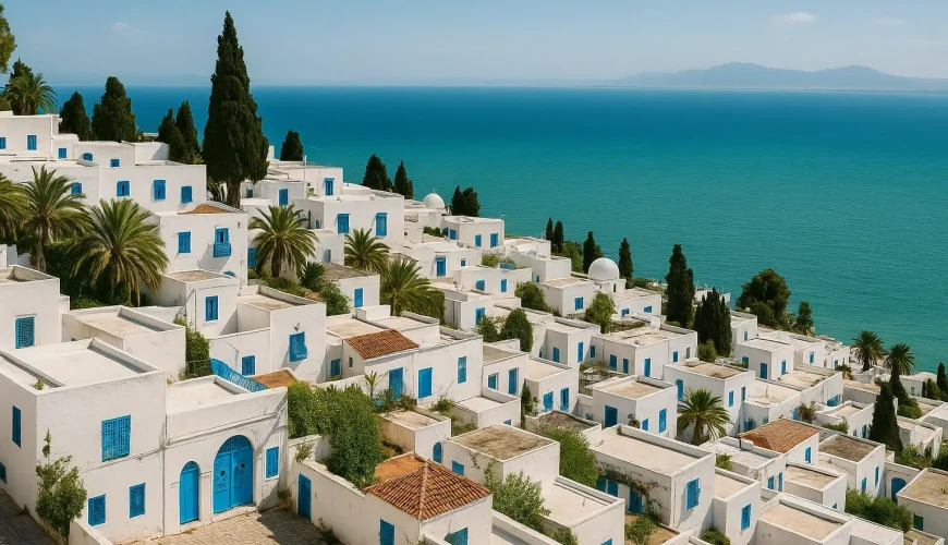 نمای هوایی از خانه‌های سفید و آبی در سفر به سیدی بو سعید با چشم‌انداز دریای مدیترانه