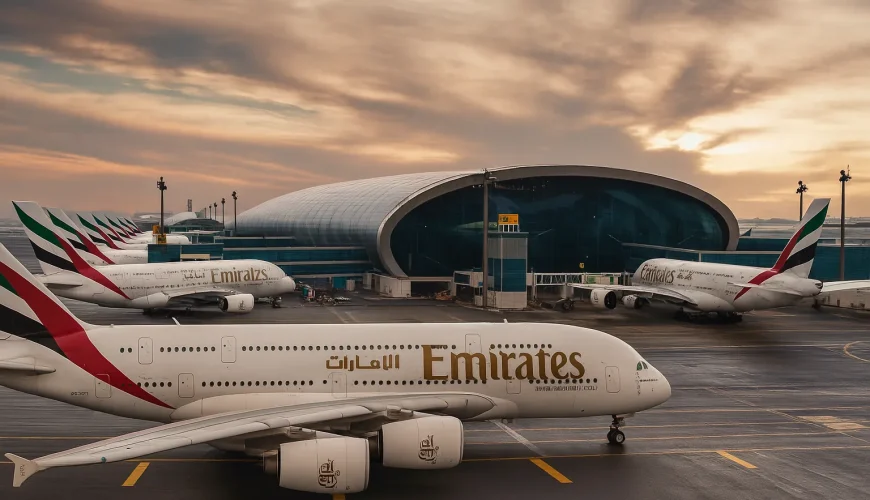 نمایی زیبا از ترمینال شیشه‌ای فرودگاه دبی در زمان طلوع آفتاب