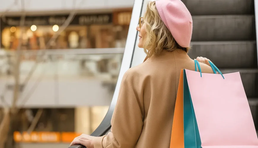 تصویر بانویی با کلاه پشمی صورتی و ساک‌های خرید رنگی در حال بالا رفتن از پله برقی