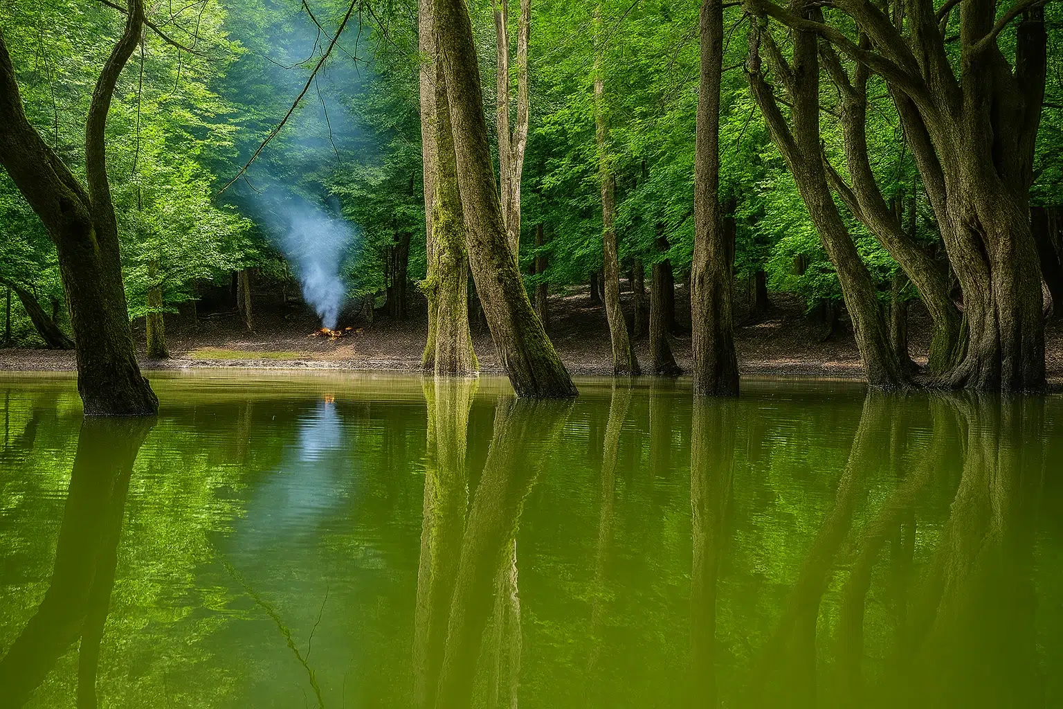 مرداب هسل احاطه شده با درختان سرسبز در دل جنگل مشعل