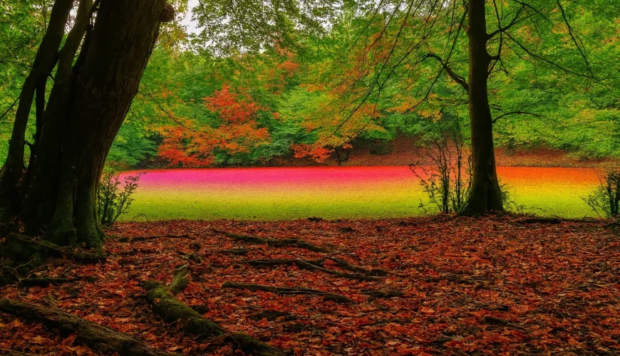 چشم‌انداز طبیعی مرداب هسل با پوشش گیاهی سبز و آب سرخ‌رنگ