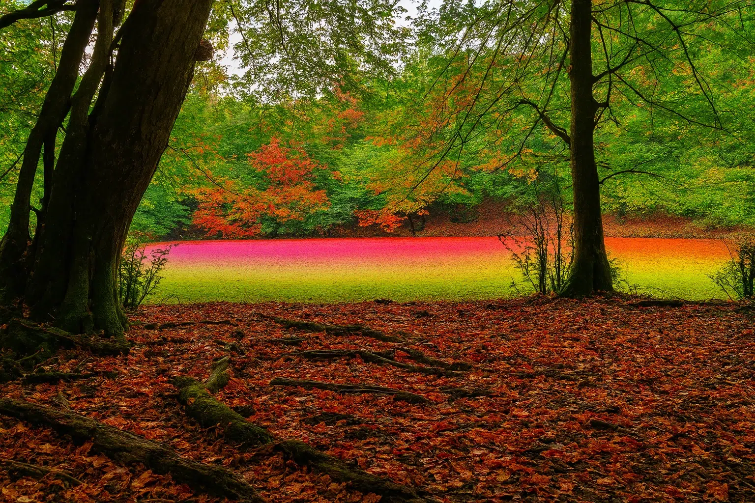 چشم‌انداز طبیعی مرداب هسل با پوشش گیاهی سبز و آب سرخ‌رنگ