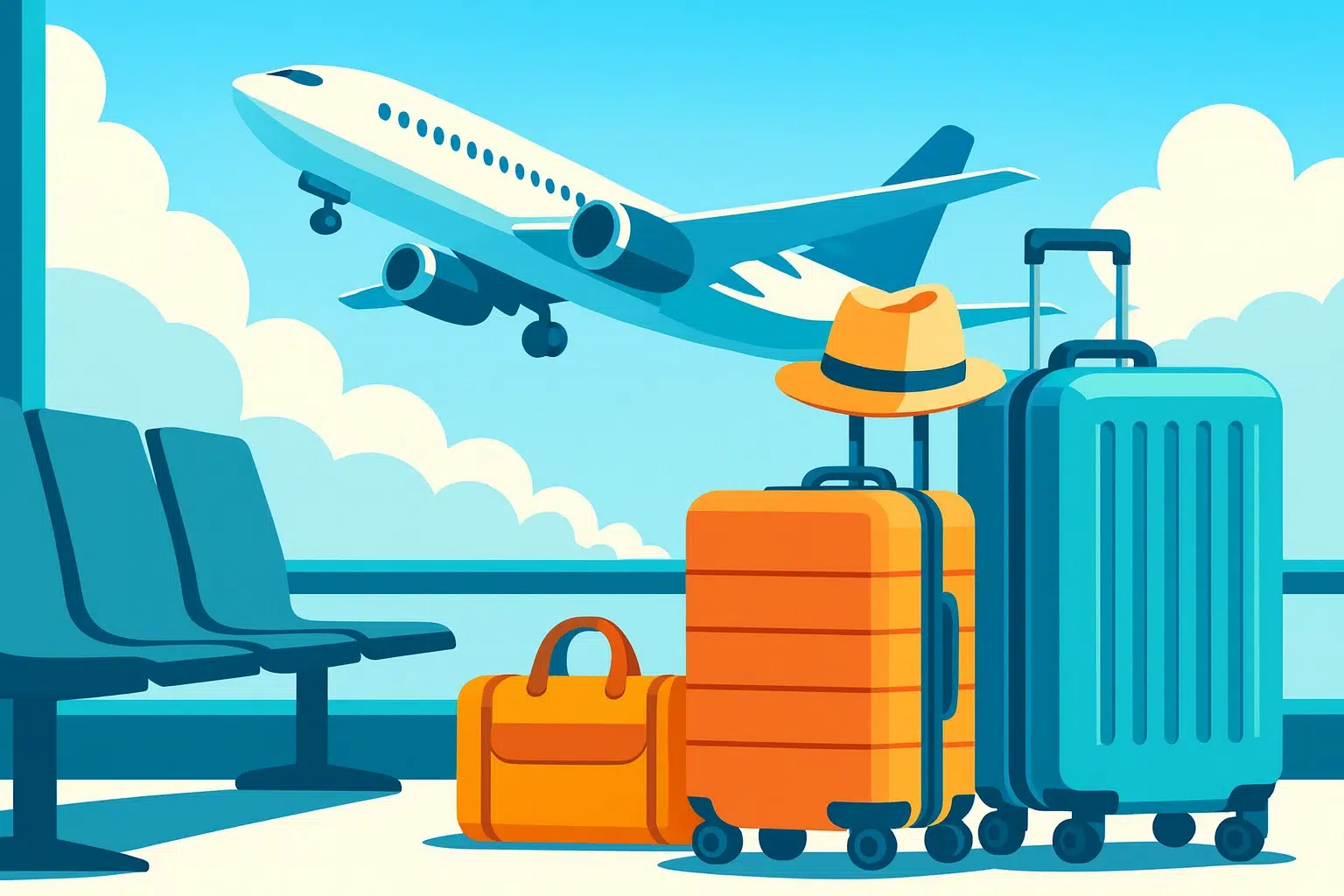 هواپیما در حال پرواز و چمدان‌های رنگی؛ هزینه اضافه بار و میزان بار مجاز ایرلاین‌ها