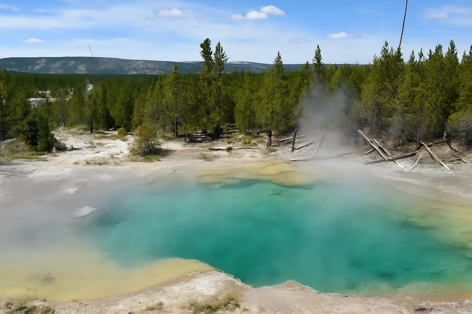 تصویر چشمه آب گرم سرعین با بخارهای طبیعی و رنگ آبی فیروزه‌ای زیبا