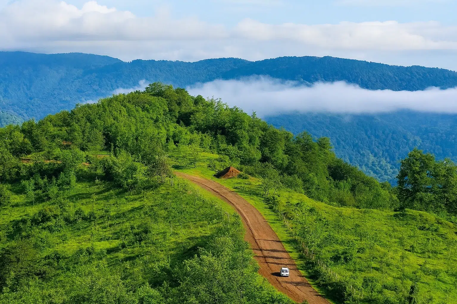 مسیر جنگلی بلور دکان به هلودشت با چشم‌انداز کوهستان و درختان سبز.