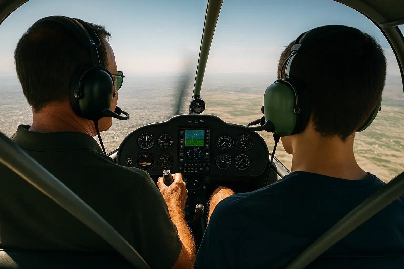 پرواز تفریحی تهران نمای داخلی کابین هواپیمای کوچک با خلبان و مسافر