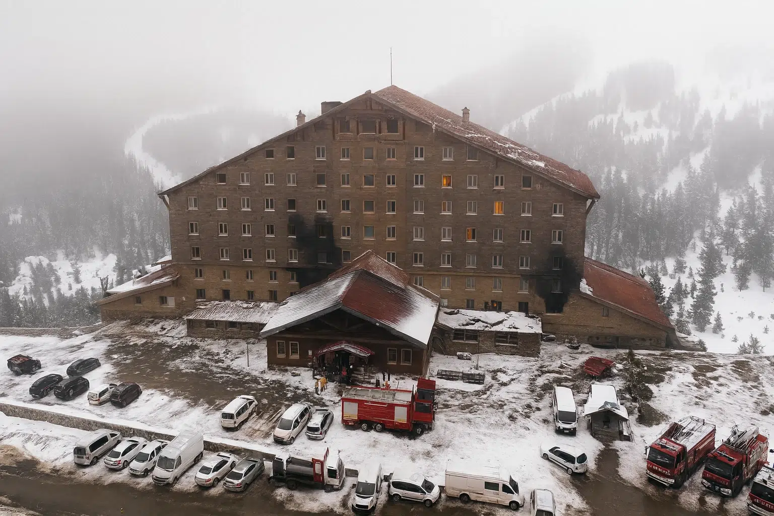 هتل کوهستانی با چشم‌انداز برف در پیست‌های اسکی ترکیه کارتالکایا