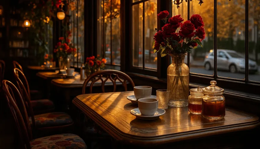 نمای داخلی گرم و دنج با میزهای چوبی و فنجان قهوه در بهترین کافه های رشت.