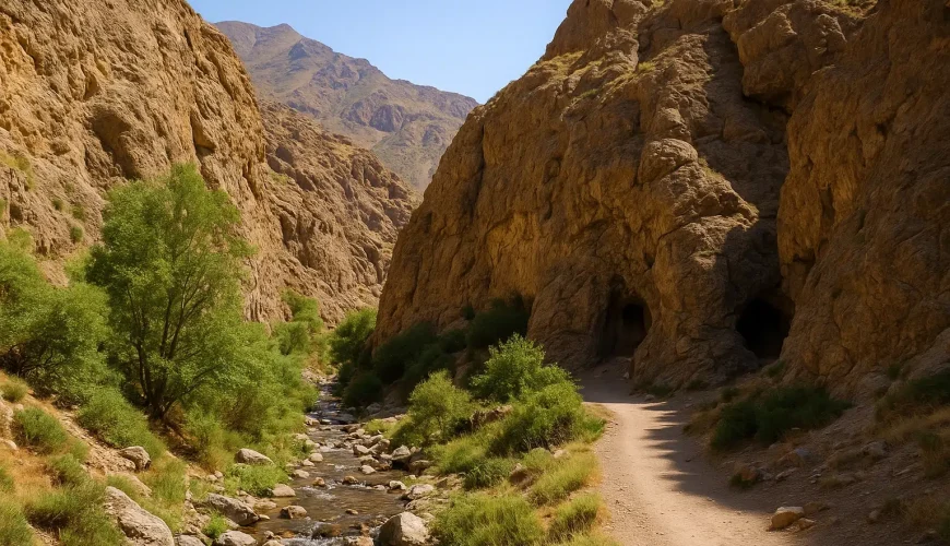 نمایی از دره هملون تهران با رودخانه و مسیر پیاده‌روی