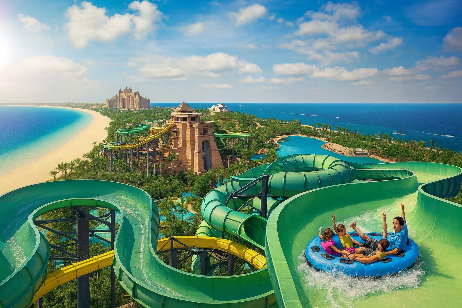 چشم‌انداز ساحلی از بهترین شهربازی‌های دبی با آب زلال