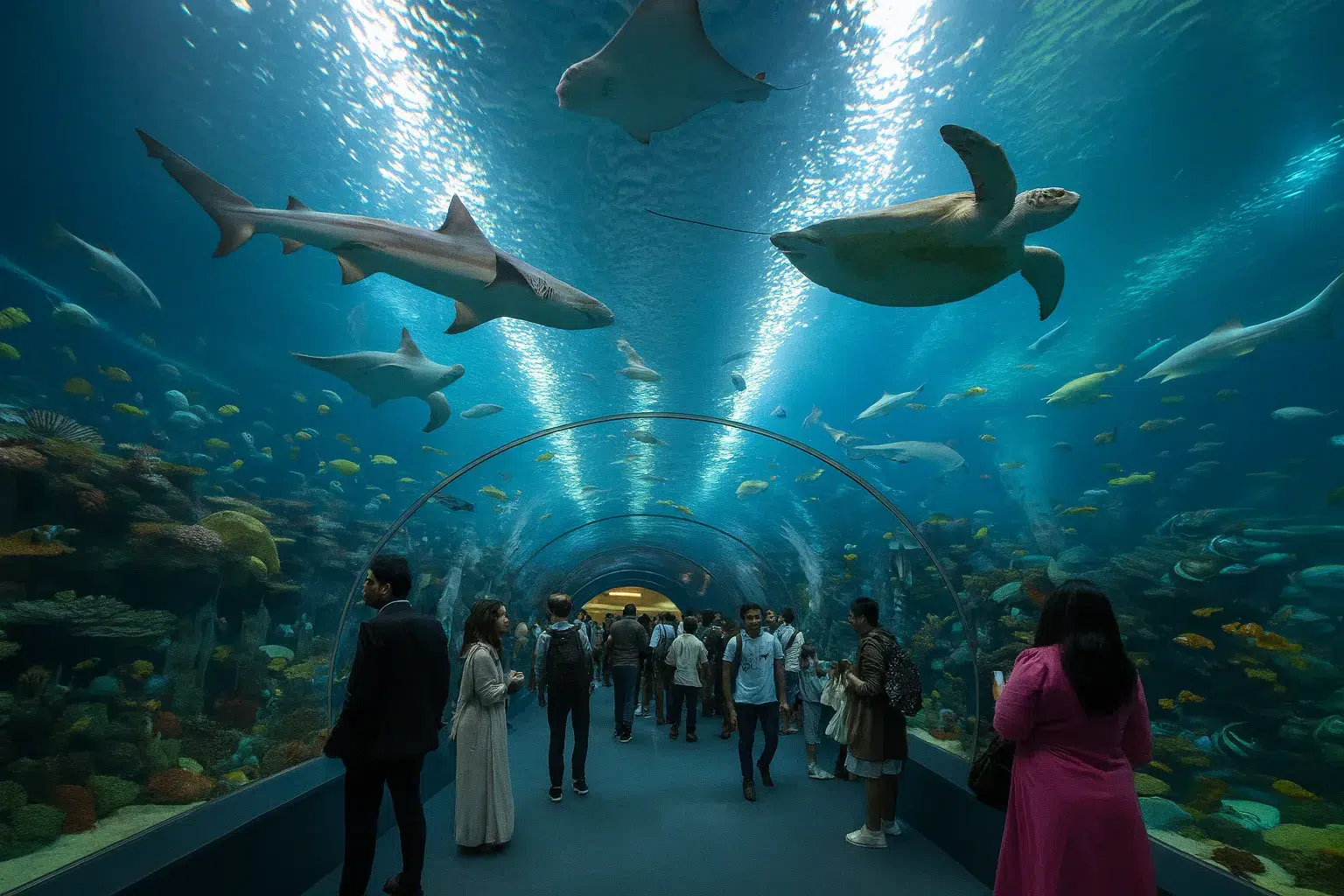 بازدید از تونل شیشه‌ای معروف آکواریوم دبی