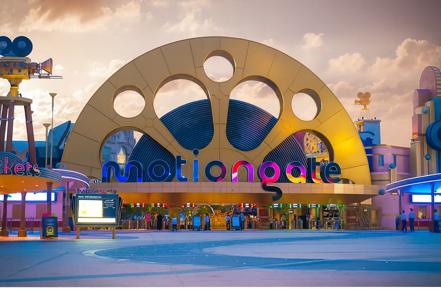 نمای اصلی ورودی شهربازی‌های دبی با طراحی سینمایی موشن‌گیت