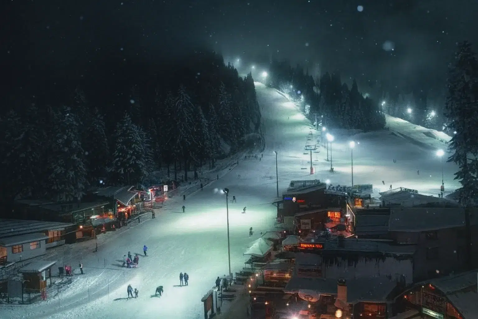 چشم‌انداز شبانه از پیست شمشک با نورافکن‌های روشن و برف درخشان – پیست اسکی ایران