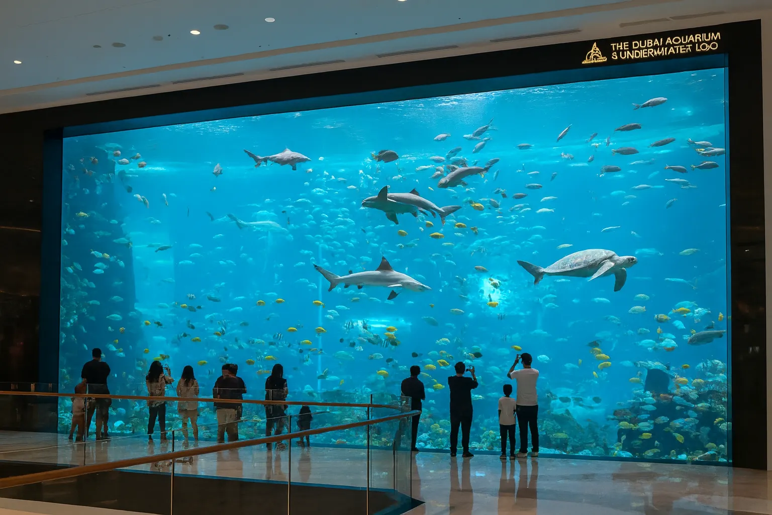 بازدیدکنندگان در حال تماشای کوسه‌ها در آکواریوم دبی