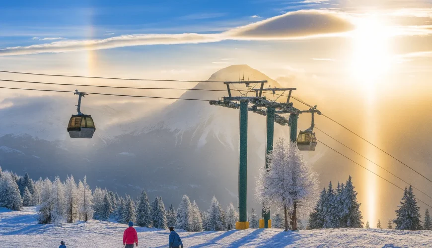 چشم‌انداز طبیعی از کوه‌های برفی و اسکی‌بازان در حال حرکت در پیست اسکی ایران