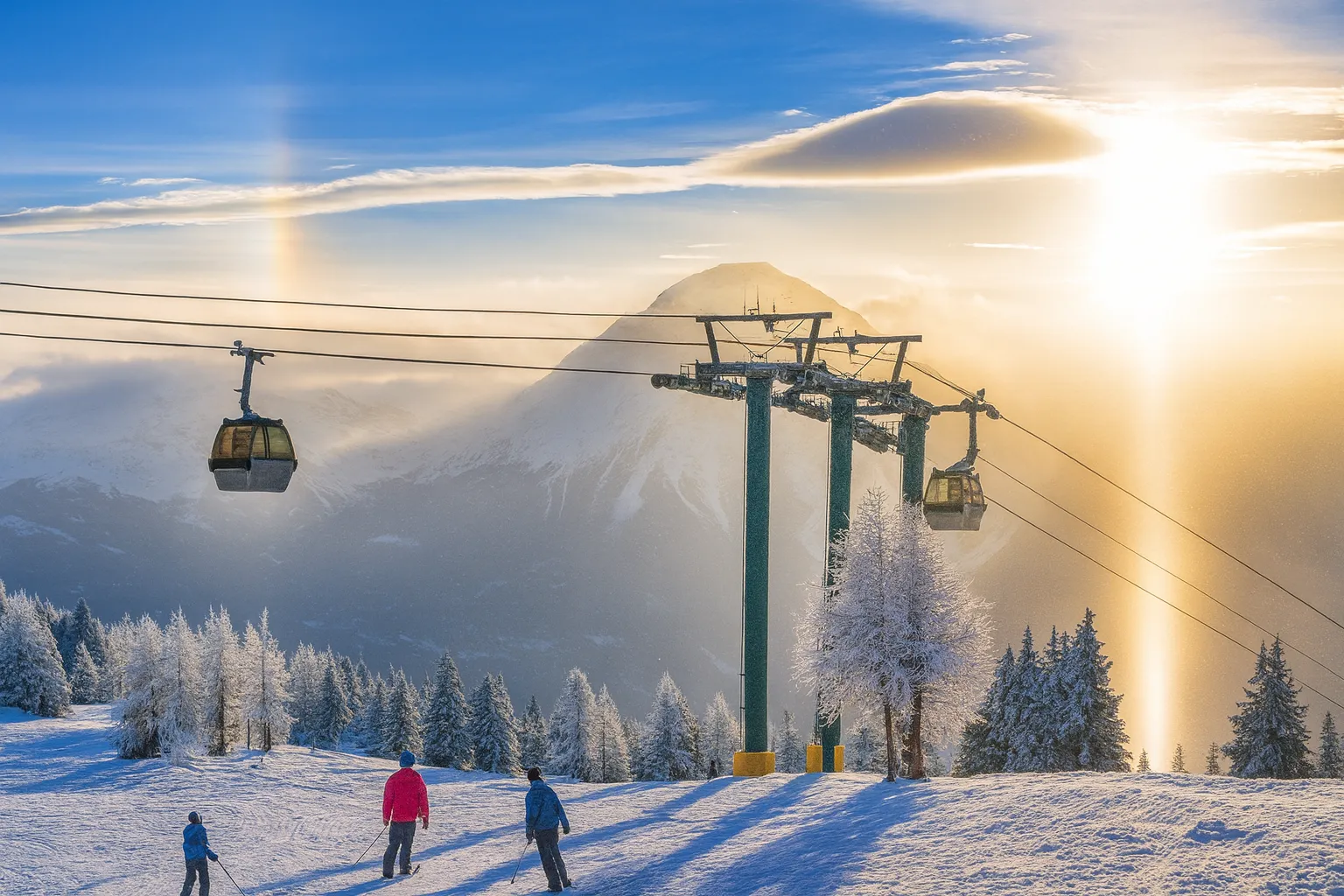 چشم‌انداز طبیعی از کوه‌های برفی و اسکی‌بازان در حال حرکت در پیست اسکی ایران