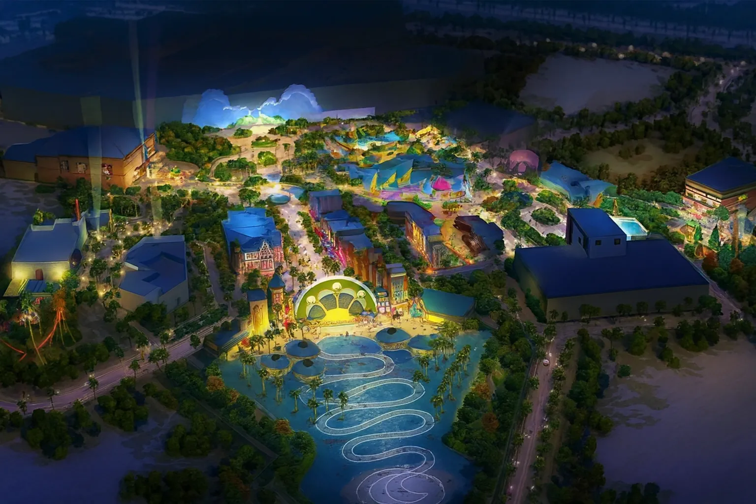 چشم‌انداز روز از شهربازی‌های دبی با مسیرهای آبی و چرخ‌وفلک