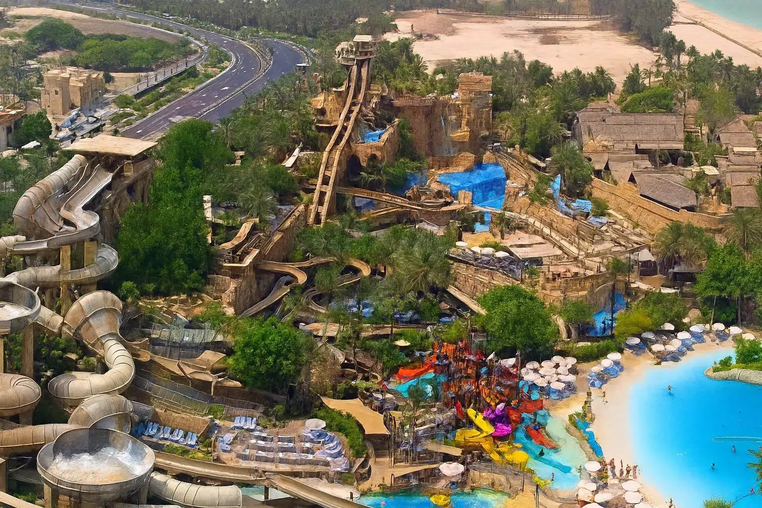 چشم‌انداز هوایی از پارک آبی وایلد وادی در شهربازی‌های دبی