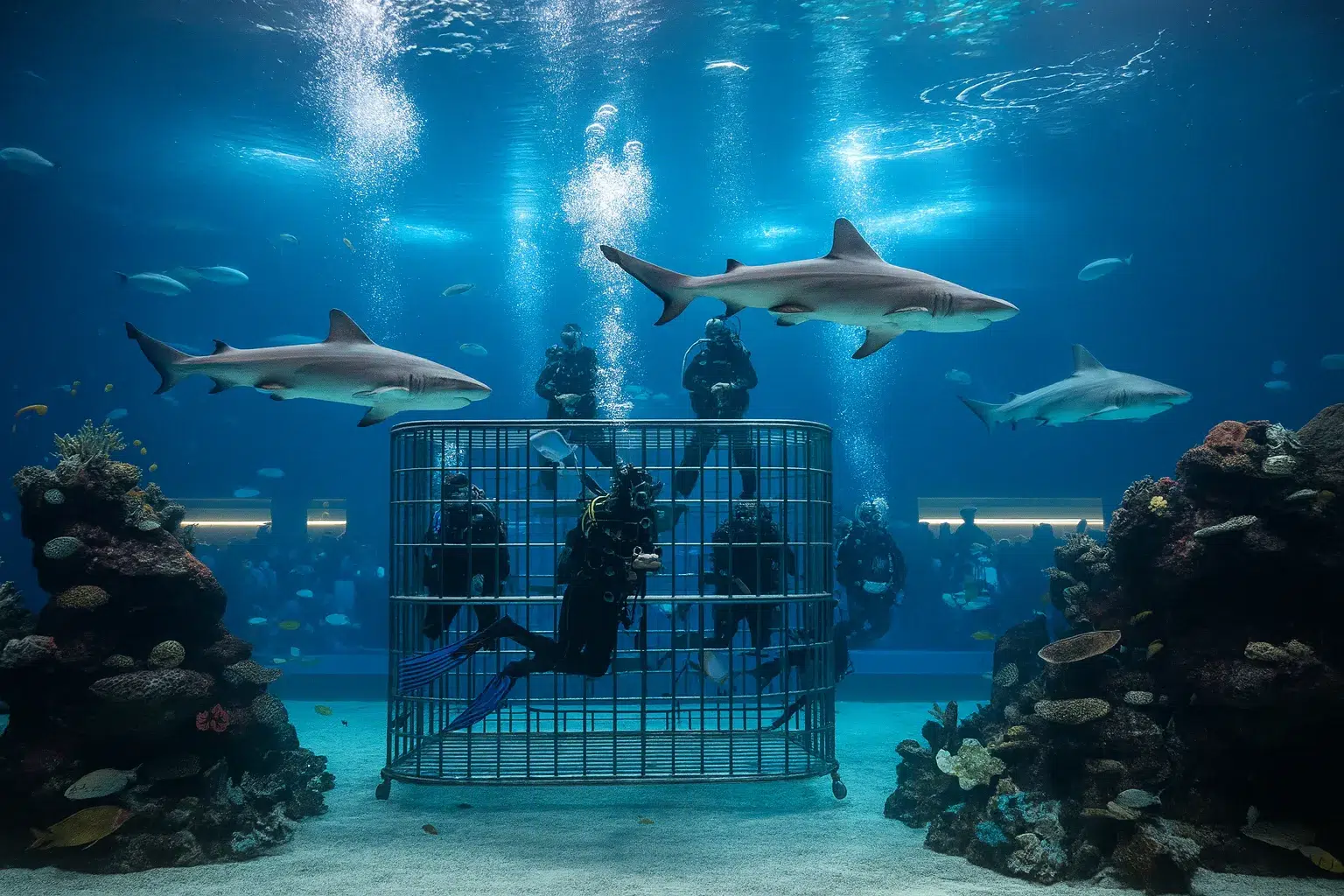 غواصی ماجراجویانه در آکواریوم دبی در کنار کوسه‌ها