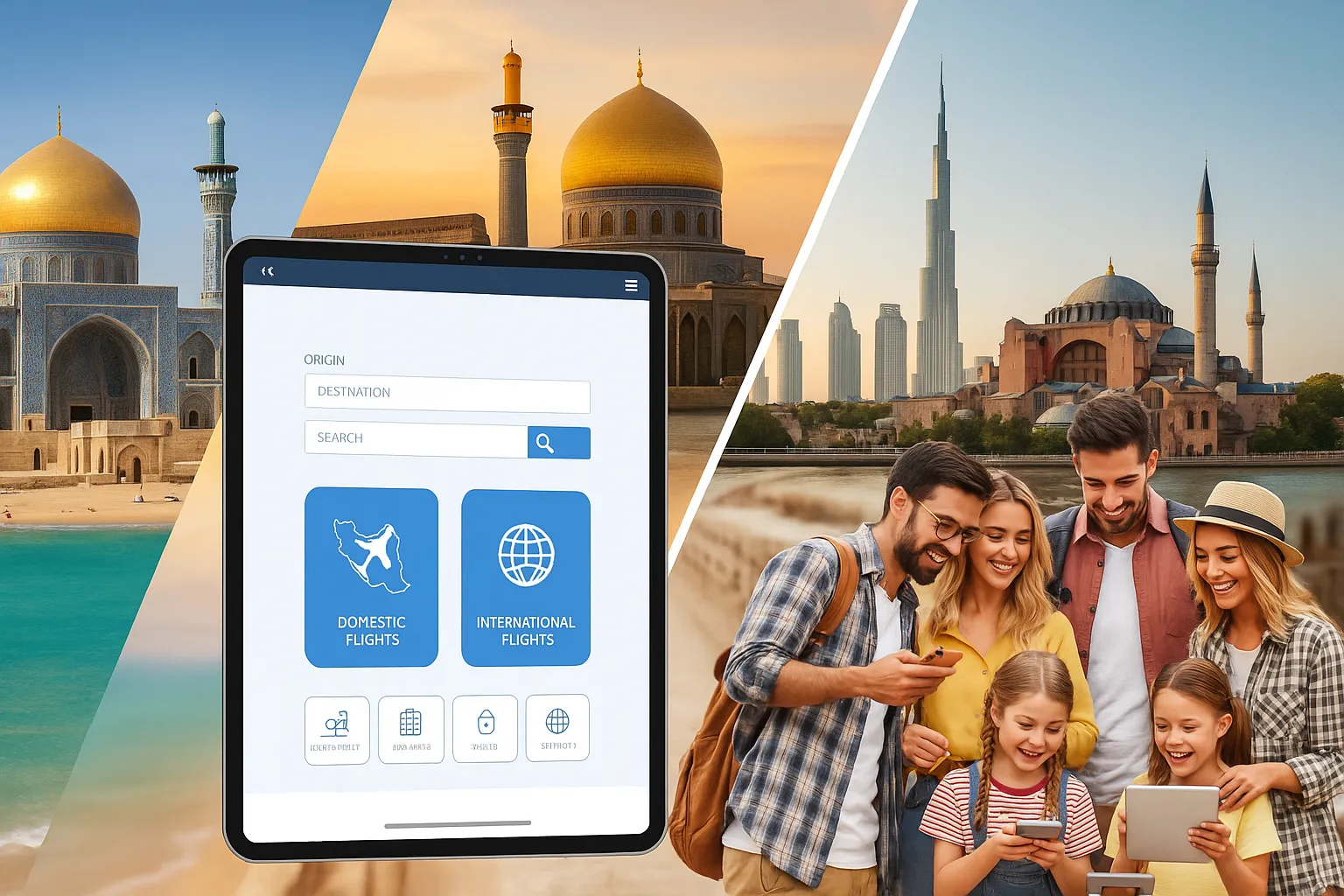 خانواده در حال سفر به مقاصد گردشگری با بلیط هواپیما تورلیدر