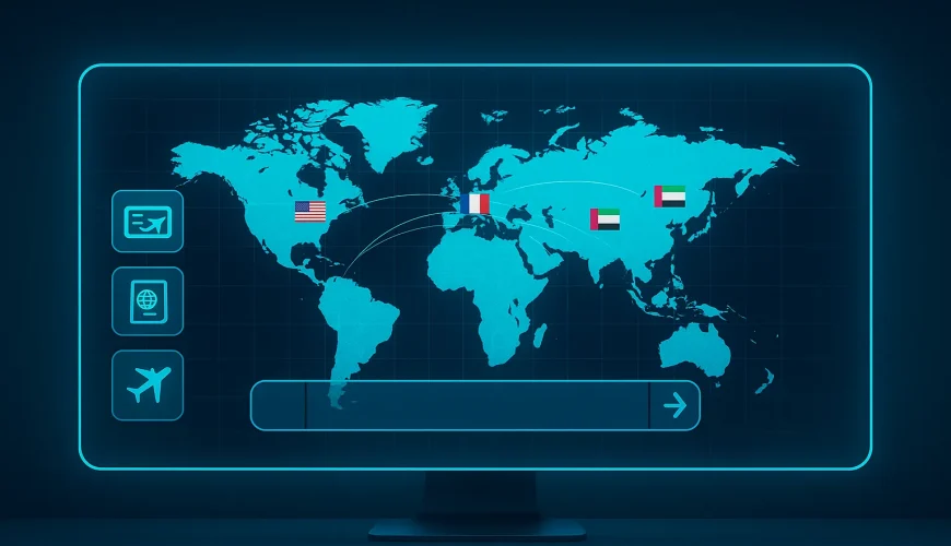تصویر داشبورد دیجیتال با نقشه جهان برای راهنمای کامل خرید بلیط خارجی.