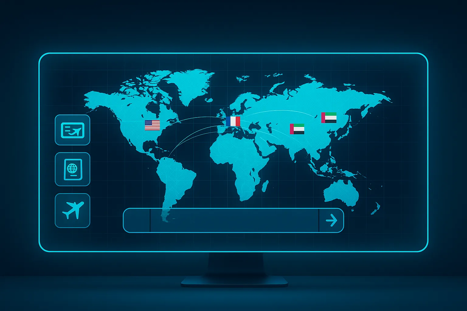 تصویر داشبورد دیجیتال با نقشه جهان برای راهنمای کامل خرید بلیط خارجی.