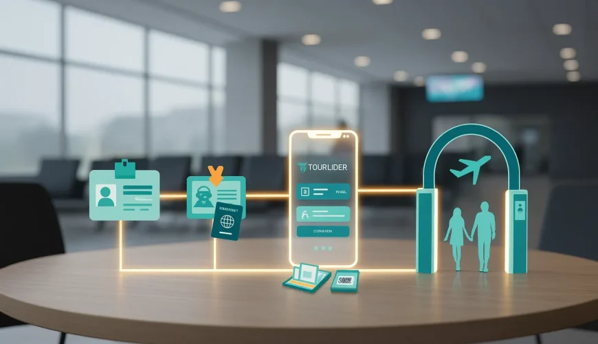 مدارک لازم برای بلیط هواپیما داخلی در قالب یک تصویر مفهومی با نمایش مدارک هویتی و اپلیکیشن تورلیدر روی میز فرودگاه.