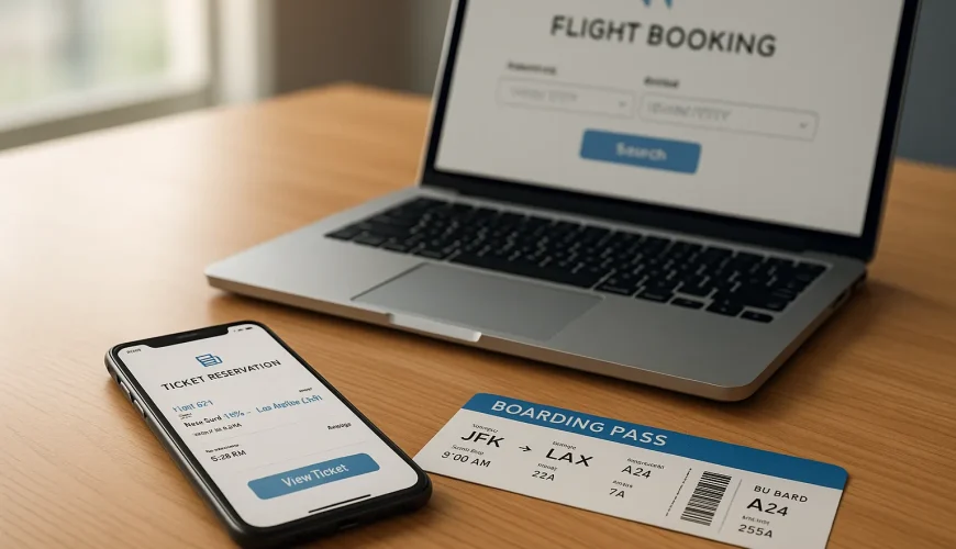 تصویر میز کاری مینیمال برای نحوه پیگیری بلیط هواپیما داخلی با موبایل و لپ‌تاپ باز.