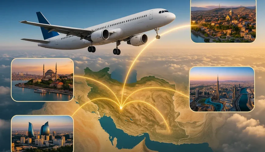 نقشه ایران و مسیر پرواز به مقاصد پرطرفدار برای یافتن ارزان‌ترین بلیط هواپیما خارجی.