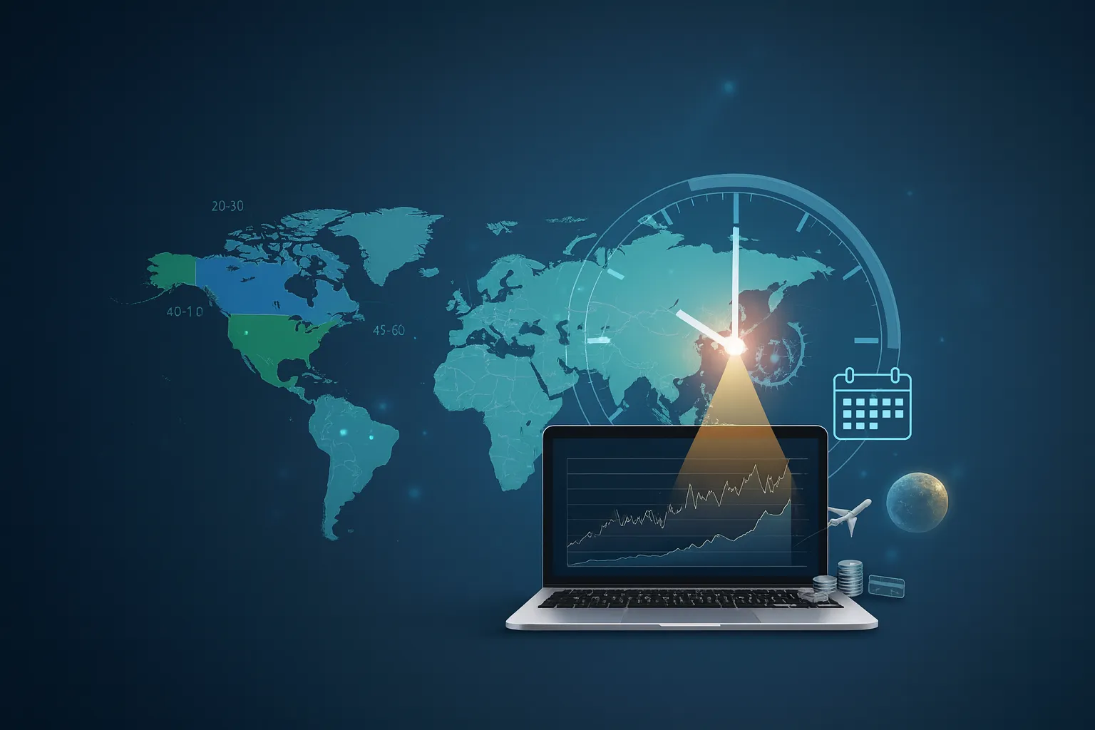 تصویری مفهومی از تحلیل قیمت پروازها روی نقشه جهان برای توضیح بهترین زمان خرید بلیط هواپیما خارجی