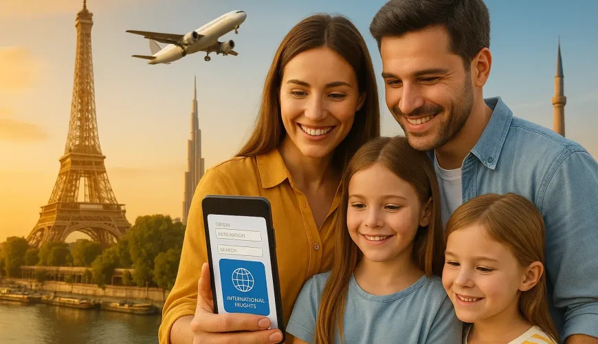 نمای واقع‌گرایانه از خانواده‌ای شاد در حال استفاده از موبایل برای جستجو در بهترین سایت خرید بلیط هواپیما خارجی