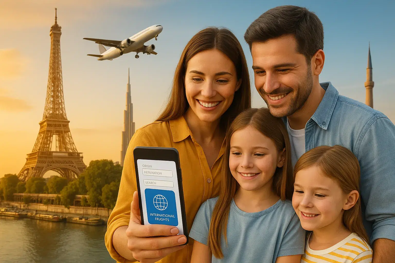 نمای واقع‌گرایانه از خانواده‌ای شاد در حال استفاده از موبایل برای جستجو در بهترین سایت خرید بلیط هواپیما خارجی