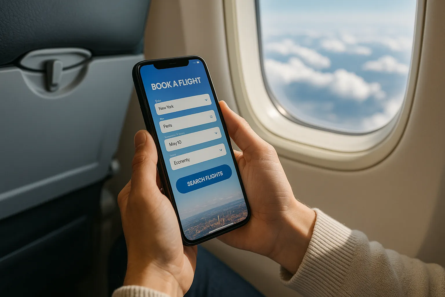 کاربر در حال رزرو آنلاین ارزان‌ترین بلیط هواپیما خارجی با موبایل داخل کابین پرواز.