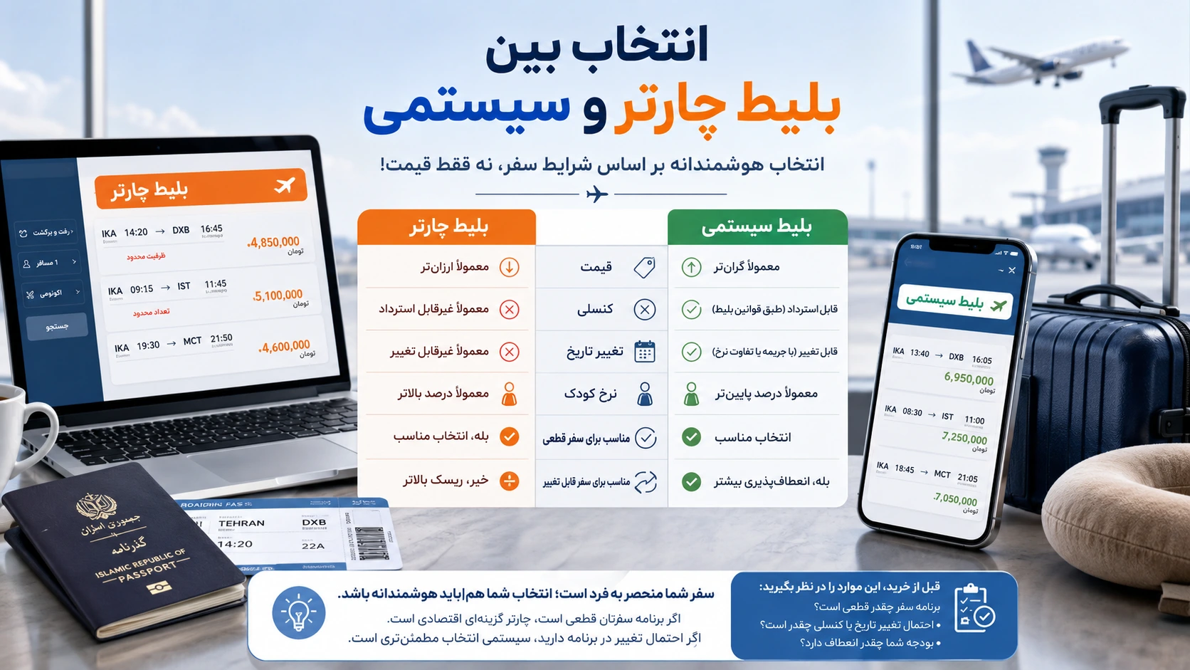 تفاوت پرواز چارتر با پرواز سیستمی چیست؟ 5 تفاوت بلیط چارتر و سیستمی در انتخاب پرواز