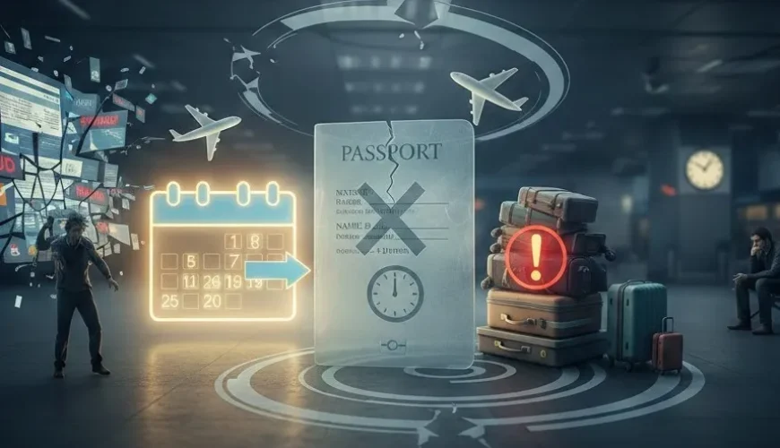 مفهومی از اشتباهات رایج خرید بلیط هواپیما و نمایش پاسپورت منقضی شده در فرودگاه.