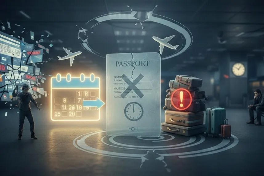 مفهومی از اشتباهات رایج خرید بلیط هواپیما و نمایش پاسپورت منقضی شده در فرودگاه.