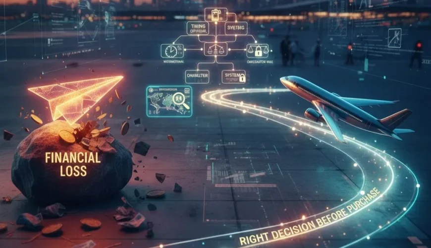 تصویر مفهومی خرید بلیط هواپیما با نمایش لپ‌تاپ رزرو پرواز، چمدان، پاسپورت و هواپیما در حال پرواز