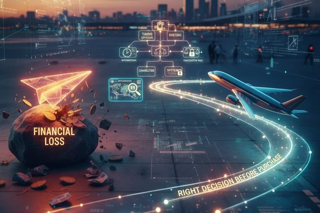 تصویر مفهومی خرید بلیط هواپیما با نمایش لپ‌تاپ رزرو پرواز، چمدان، پاسپورت و هواپیما در حال پرواز