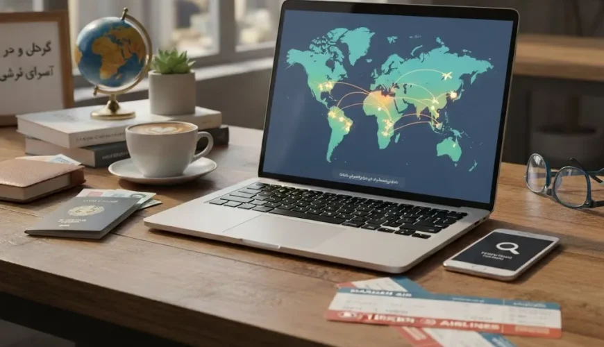 تصویر میز کار با لپ‌تاپ و نقشه جهان مرتبط با ترفندهای خرید بلیط ارزان هواپیما