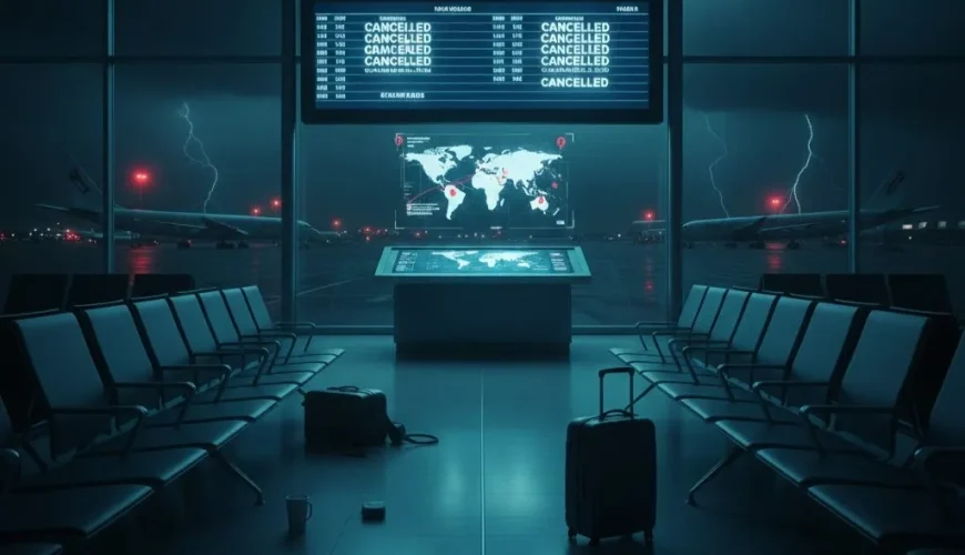 کنسل شدن هواپیما و نمایش تابلو لغو پرواز در فرودگاه برای مسافران سردرگم