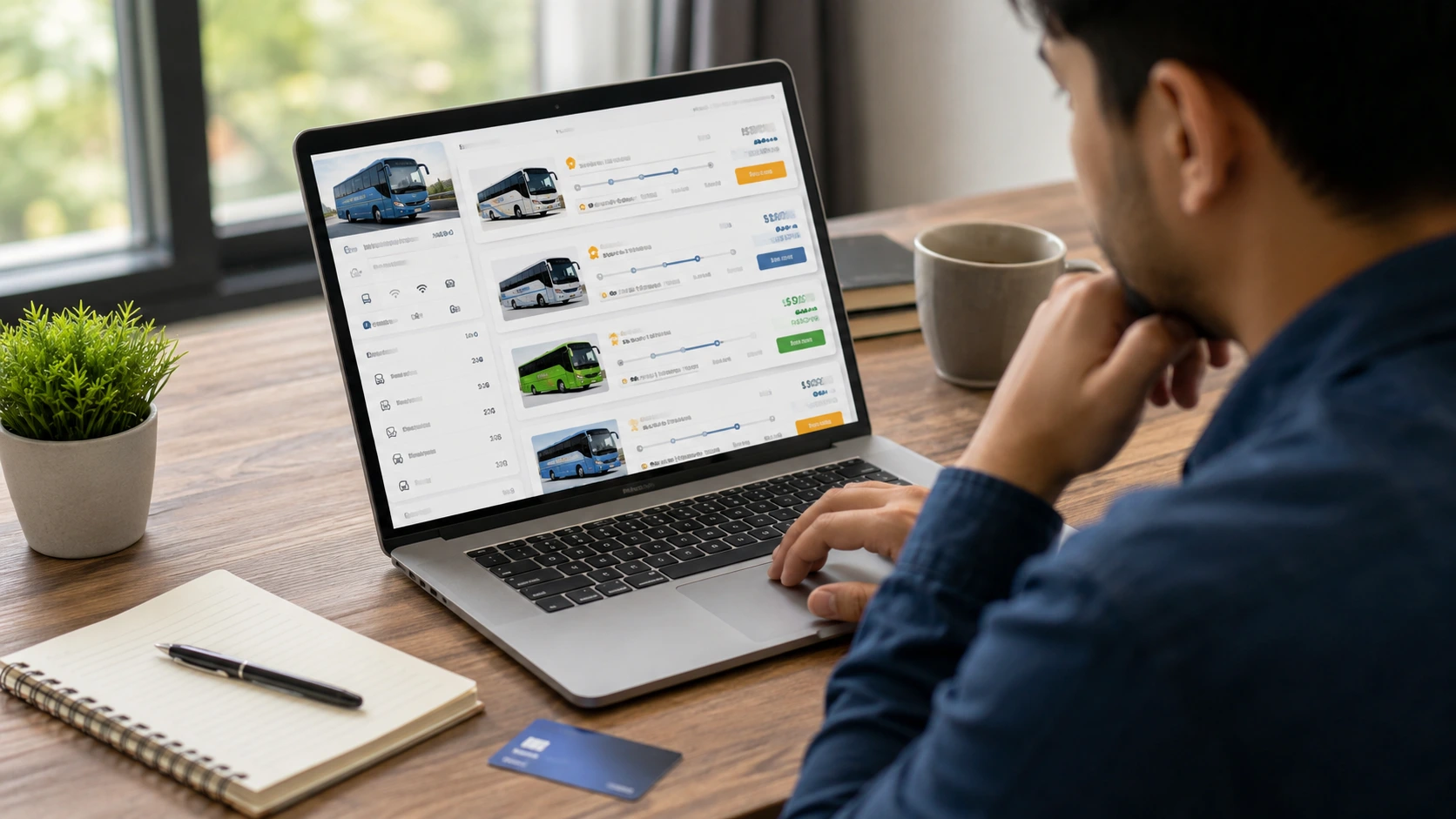 کاربر در حال مقایسه سرویس‌ها در ارزانترین سایت خرید بلیط اتوبوس با لپ‌تاپ 