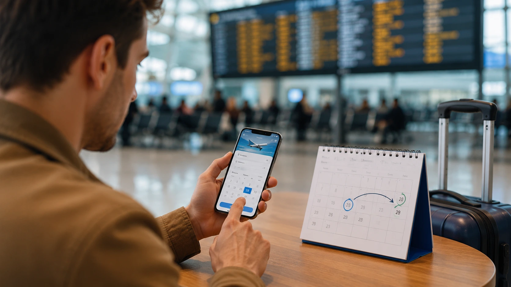 تغییر تاریخ بلیط هواپیما توسط مسافر در فرودگاه با استفاده از موبایل و تقویم رومیزی